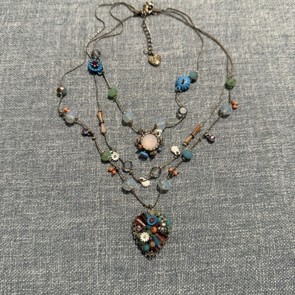 Betsey‎ Johnson Triple Strand Necklace Beaded Multi Floral Heart Crystal Signed